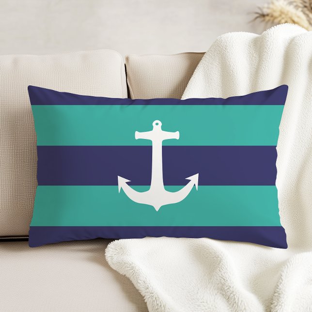 Nautical Navy Blue Turquoise Stripes White Anchor Dekokissen (Von Creator hochgeladen)