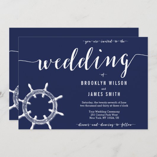 Nautical Navy Blue Wedding Invitation Wheel Einladung (Vorne/Hinten)