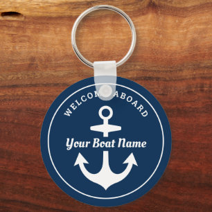 Nautical Navy Blue Welcome Aboard Boat Name Anchor Schlüsselanhänger
