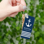 Nautical Navy Blue Welcome Aboard Boat Name Anchor Schlüsselanhänger<br><div class="desc">Nautical keychain features a simple,  stylish navy blue and white coastal style design with boat anchor accent and horizontal stripes detail. Personalize the custom text with the name of your boat along with her location city and state.</div>