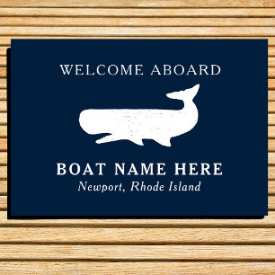 Nautical Navy Blue Welcome Aboard Boat Name Whale Fußmatte