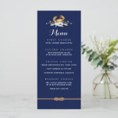 🦀 Nautical Navy Blue & White Coastal Wedding Menu Menükarte (Stehend Vorderseite)