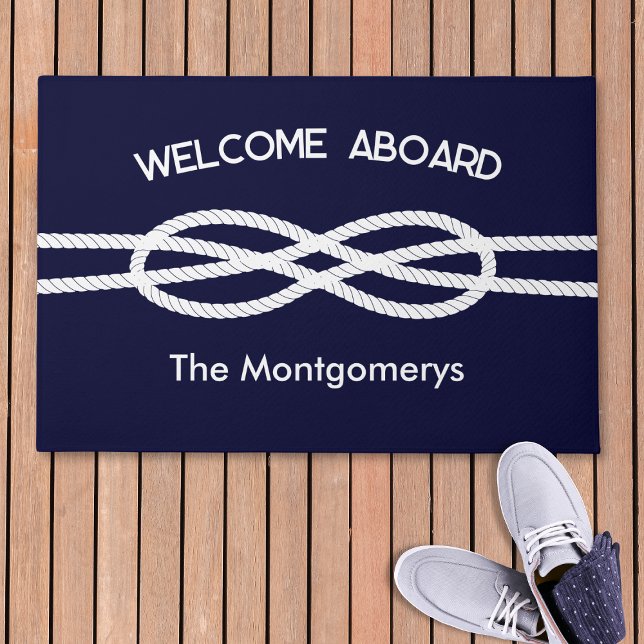 Nautical Navy Blue White Rope Welcome Aboard Fußmatte (Von Creator hochgeladen)