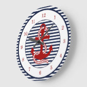 Nautical Navy Blue White Stripes and Red Anchor Große Wanduhr (Winkel)