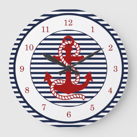 Nautical Navy Blue White Stripes and Red Anchor Große Wanduhr (Vorderseite)
