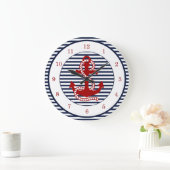 Nautical Navy Blue White Stripes and Red Anchor Große Wanduhr (Zuhause)