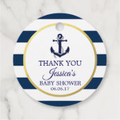 Nautical Navy Blue White Stripes Gold Baby Dusche Geschenkanhänger (Rückseite)