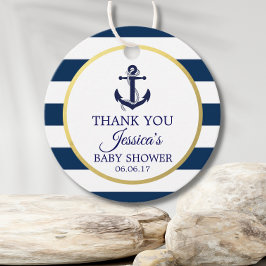 Nautical Navy Blue White Stripes Gold Baby Dusche Geschenkanhänger