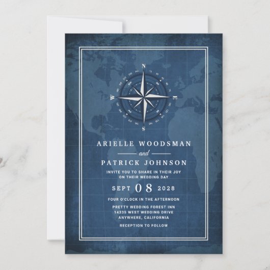Nautical Navy Blue & White Vintag Compass Wedding Einladung (Vorderseite)