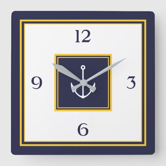 Nautical Navy Blue Yellow Anchor Square Wall Clock Quadratische Wanduhr (Vorderseite)