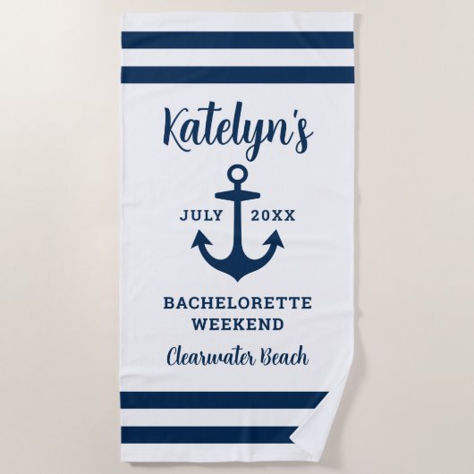Nautical Navy Custom Wedding Junggeselinnen-Abschi Strandtuch (Vorderseite)