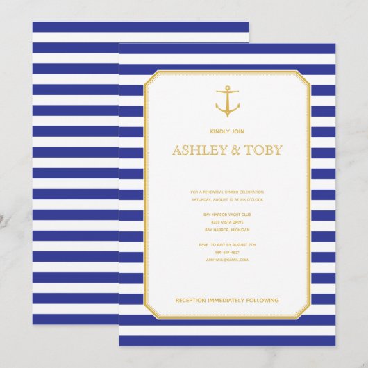 Nautical Navy & Gold Probe Dinner Einladung (Vorne/Hinten)