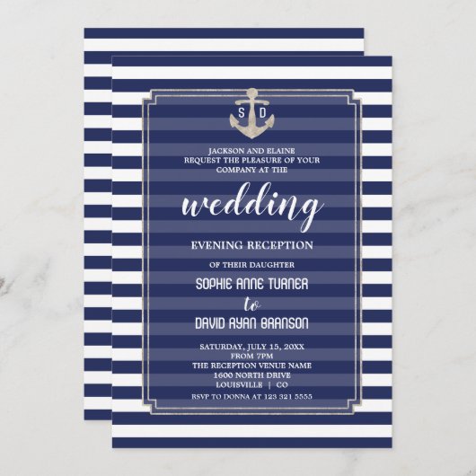 Nautical Navy Hochzeitssilber Abend Empfang Einladung (Vorne/Hinten)