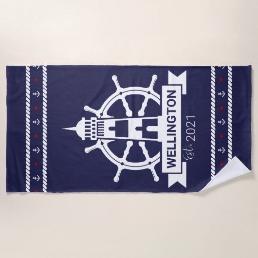 Nautical Navy Leuchtturm Custom Beach Handtuch (Vorderseite)