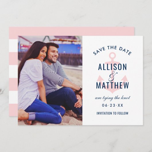 Nautical Navy Light Pink Anchor Wedding Foto Save The Date (Vorne/Hinten)