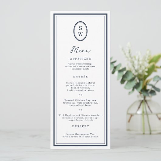 Nautical Navy Monogram Long Wedding Menu Card Einladung (Stehend Vorderseite)