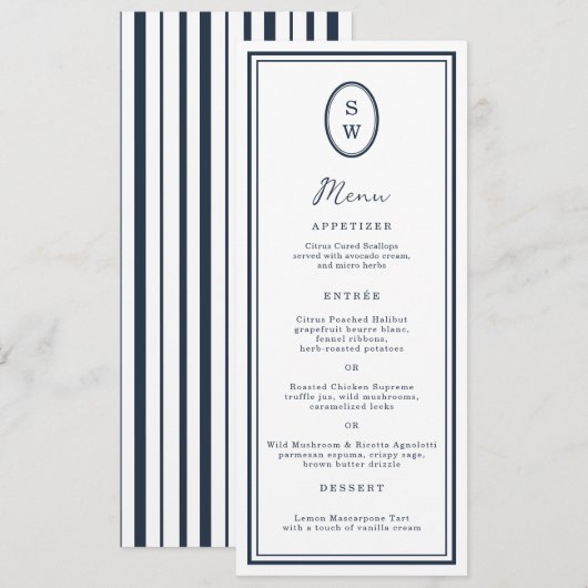 Nautical Navy Monogram Long Wedding Menu Card Einladung (Vorne/Hinten)