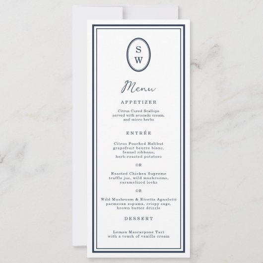 Nautical Navy Monogram Long Wedding Menu Card Einladung (Vorderseite)
