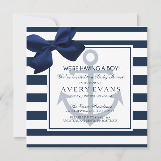 Nautical Navy Ribbon Anker Es ist eine Baby-Dusche Einladung (Vorderseite)