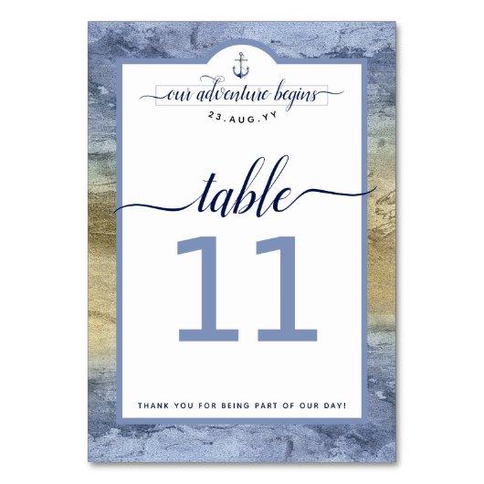 #Nautical Navy Steel Blue & Gold Event #Wedding Tischnummer (Vorderseite)
