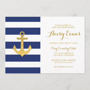 Nautical Navy Stripe Babydusche mit Goldene Ankerv Einladung