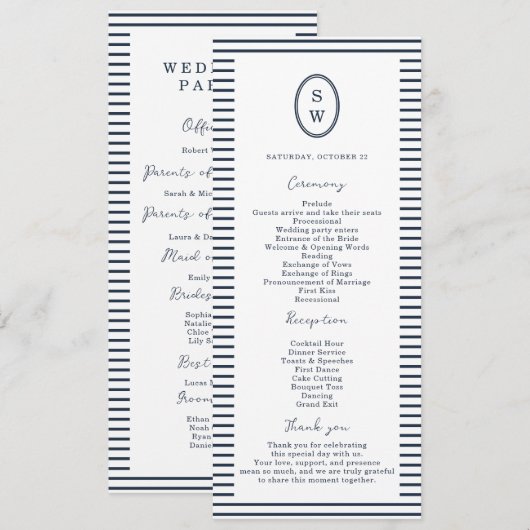 Nautical Navy Stripe Classic Wedding Program Card Einladung (Vorne/Hinten)