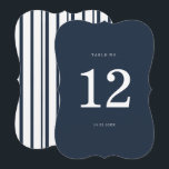 Nautical Navy Stripe Die-Cut Wedding Table Number Einladung<br><div class="desc">Nautical Wedding Die-Cut Table Number in classic navy and white — a chic coastal reception table sign perfect for elegant seaside weddings. Inspired by timeless Coastal Elegance and yacht-club style aesthetics, this navy stripe scalloped table number adds a refined preppy touch to your reception tables. Perfect for the modern coastal...</div>