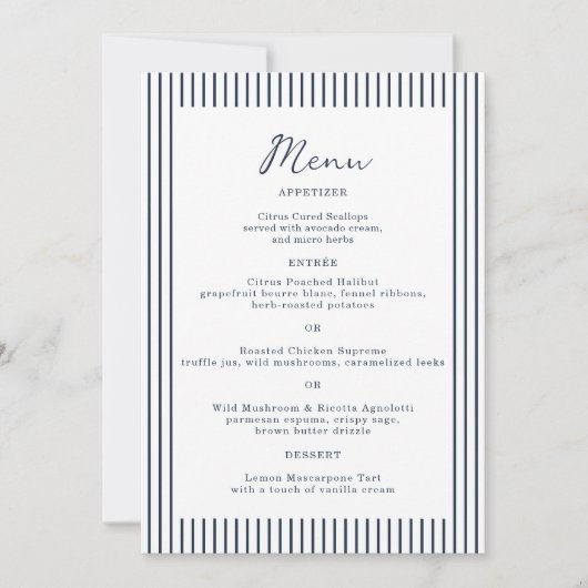 Nautical Navy Stripe Monogram Wedding Menu Card Einladung (Vorderseite)
