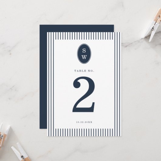 Nautical Navy Stripe Wedding Table Number Card Einladung (Vorderseite/Rückseite Beispiel)