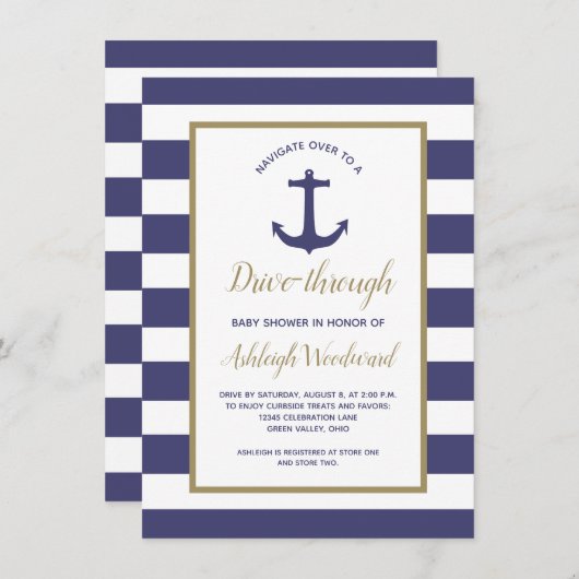 Nautical Navy Stripes Drive-Through-Babydusche Einladung (Vorne/Hinten)
