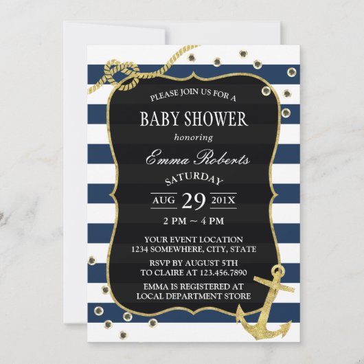 Nautical Navy Stripes Gold Anker Baby Dusche Einladung (Vorderseite)