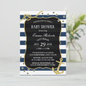 Nautical Navy Stripes Gold Anker Baby Dusche Einladung (Stehend Vorderseite)