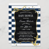 Nautical Navy Stripes Gold Anker Baby Dusche Einladung (Vorne/Hinten)