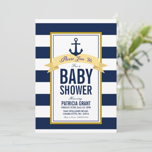 Nautical Navy Stripes Kinderdusche Einladung (Stehend Vorderseite)