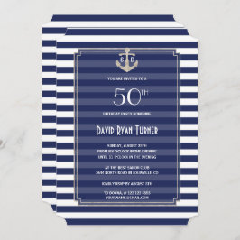 Nautical Navy Stripes Silver 50. Geburtstagsparty Einladung