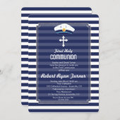 Nautical Navy Stripes Silver Erste Heilige Kommune Einladung (Vorne/Hinten)