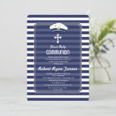 Nautical Navy Stripes Silver Erste Heilige Kommune Einladung (Stehend Vorderseite)
