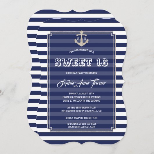 Nautical Navy Stripes Silver Sweet 16 Party Einladung (Vorne/Hinten)