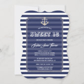 Nautical Navy Stripes Silver Sweet 16 Party Einladung (Vorderseite)