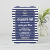 Nautical Navy Stripes Silver Sweet 16 Party Einladung (Stehend Vorderseite)