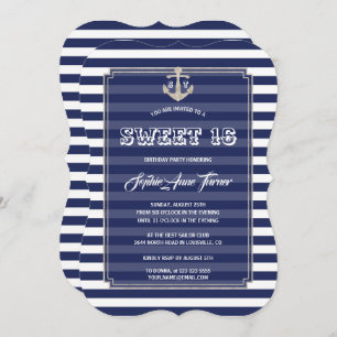 Nautical Navy Stripes Silver Sweet 16 Party Einladung