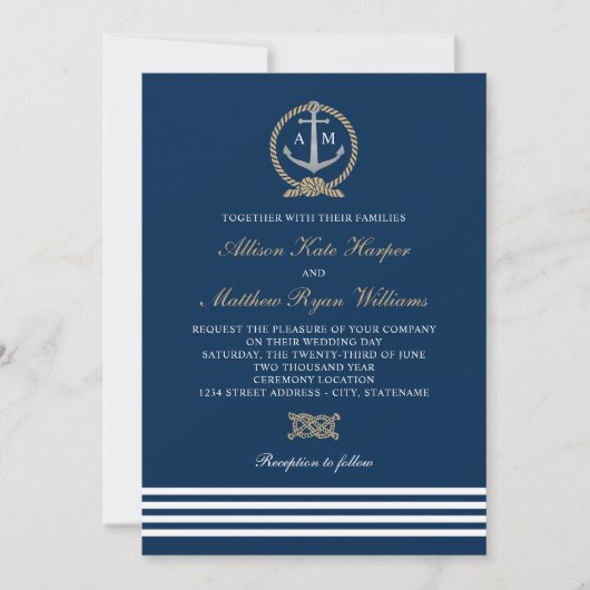 Nautical Navy Tan Ankerstreifen Wedelgramm Einladung (Vorderseite)