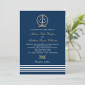 Nautical Navy Tan Ankerstreifen Wedelgramm Einladung (Stehend Vorderseite)