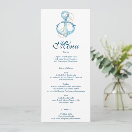 Nautical Navy Wedding Menu oder Brautparty Einladung (Stehend Vorderseite)