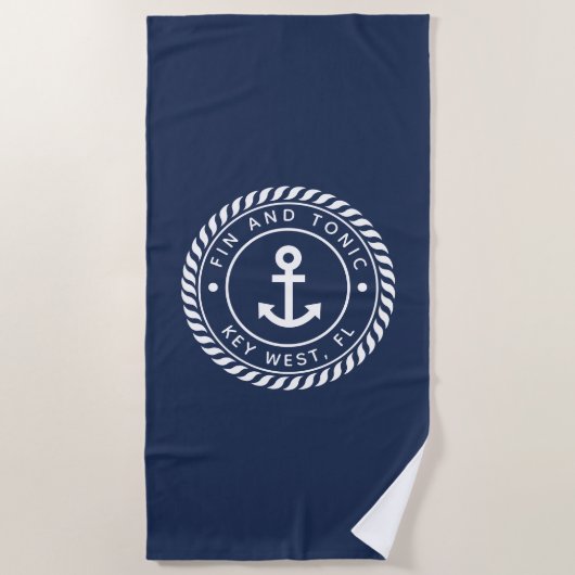 Nautical Navy & White Anchor Boat Name Strandtuch (Vorderseite)
