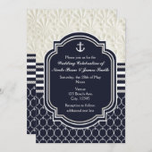 Nautical Navy & White Elegant Beach Hochzeit Einladung (Vorne/Hinten)