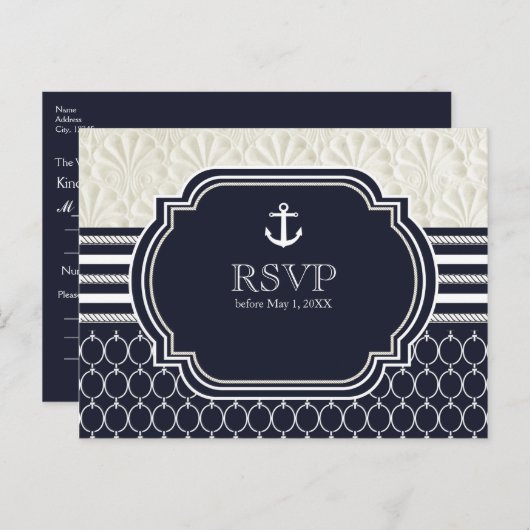 Nautical Navy & White Elegant Beach Wedding UAWG Einladungspostkarte (Vorne/Hinten)