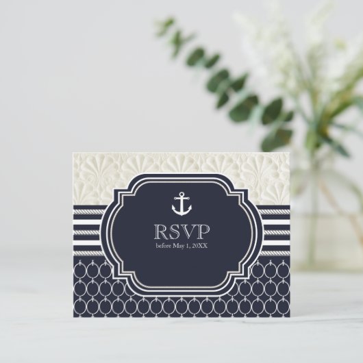 Nautical Navy & White Elegant Beach Wedding UAWG Einladungspostkarte (Stehend Vorderseite)