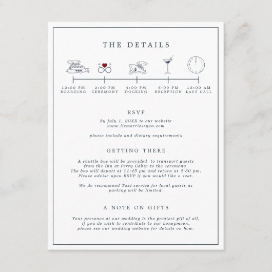 Nautical Navy & White Wedding Itinerary Card Begleitkarte (Vorderseite)