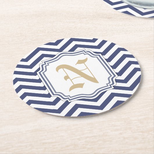 Nautical Navy Zickzack Monogramat Runder Pappuntersetzer (Angewinkelt)